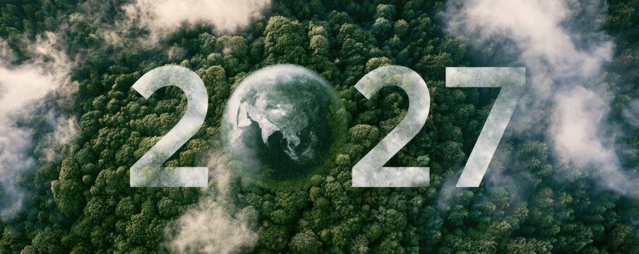 A lush forest with mist surrounds the year 2027, featuring the Earth as the zero, symbolizing environmental awareness and future sustainability.