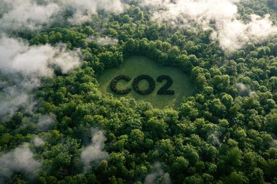 Aerial view of a dense forest with "CO2" spelled out in trees, surrounded by mist and clouds, symbolizing carbon dioxide and environmental impact.