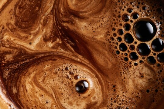 Close-up of rich, frothy coffee surface with swirling crema and bubbles creating a textured, dynamic pattern.