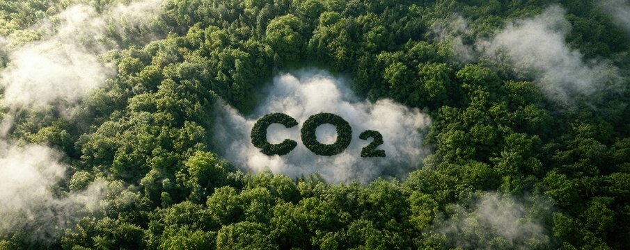 Aerial view of a dense forest with the text "CO2" formed by trees surrounded by mist, symbolizing carbon dioxide and its relation to nature and the environment.