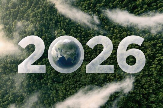 The year "2026" appears above a dense green forest, with the zero replaced by Earth, symbolizing environmental focus and global awareness.