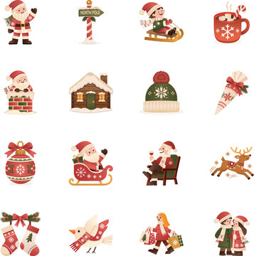 Christmas flat icons showing Santa greetings, sled rides, hot cocoa, snowy cabins, winter hats, piping bags, ornaments, reindeer, shoppers, couples.