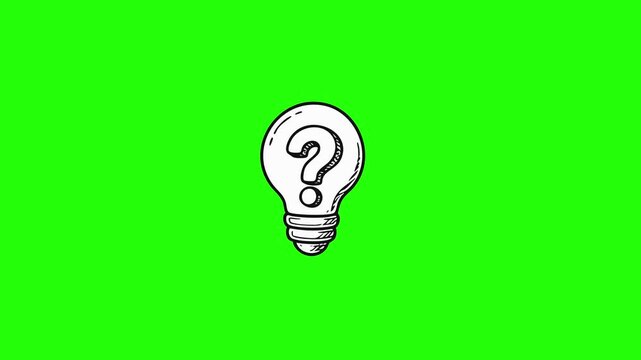 Idea bulb animated sketch drawing with question mark symbol shaking and bouncing in loop motion on 4k green screen background.