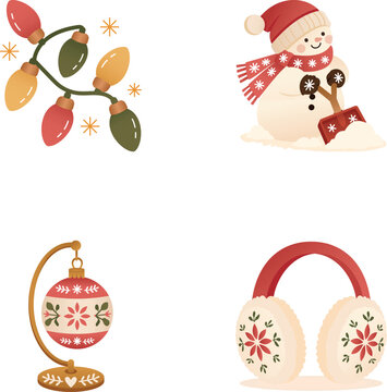 Christmas flat icons showing colorful string lights, a snowman with a shovel, a patterned bauble on a golden stand, floral winter earmuffs.