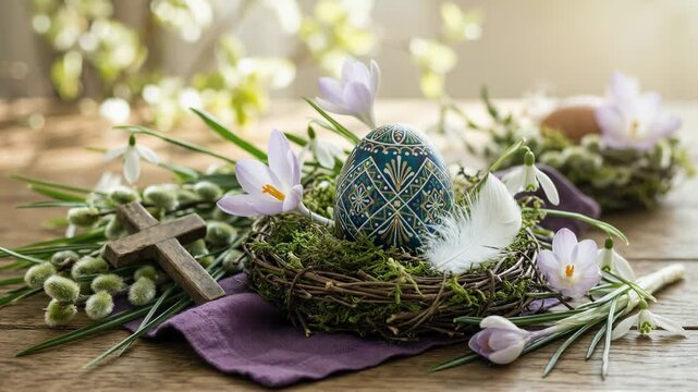 Decorated Easter egg in twig nest with spring crocuses and feather. Easter holiday celebration. Seasonal table decoration and springtime still life. Rustic festive greeting card concept.