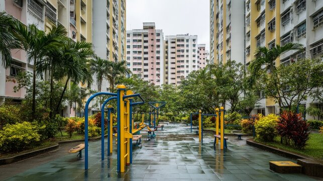 Wide angle architectural photography of a colorful outdoor fitness corner located at the void deck of a Singapore HDB estate, blue and yellow exercise equipment, surrounded by lush tropical rain