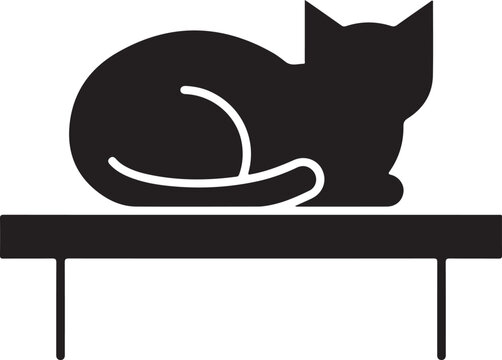 Minimalist black cat icon resting on a simple table silhouette