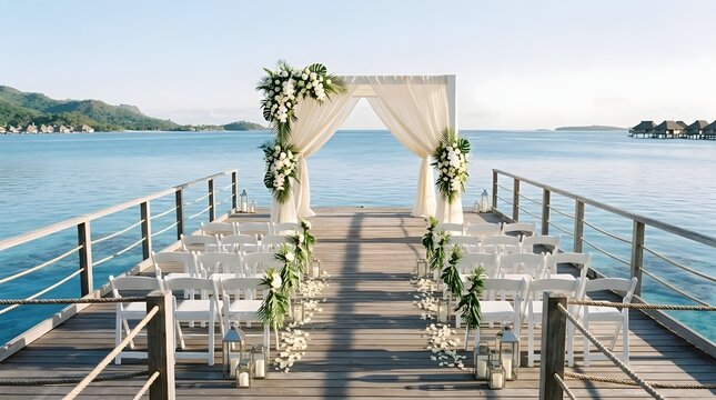 Tropical wedding ceremony setup on a wooden pier over ocean water