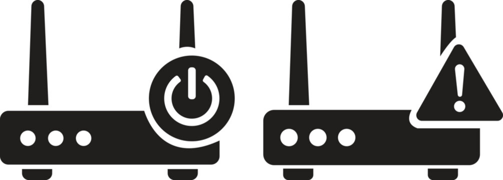 Wireless Internet Router Icon Set featuring Power Switch Button and Alert Warning Caution Signs for Computer Network Hardware Problems and Broadband Offline Troubleshooting