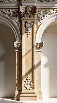 Ornate architectural details of classical building facade. Decorative stone pilaster with stucco relief, floral patterns between white arches. Ancient style column features intricate carvings,