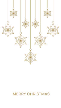 Minimalist white christmas greeting card template with hanging gold line art geometric stars garland