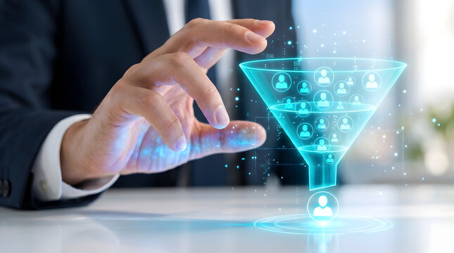 Close-up of a businessman's hand interacting with a glowing digital sales funnel hologram representing lead generation, customer acquisition, and marketing conversion strategies in a modern office.