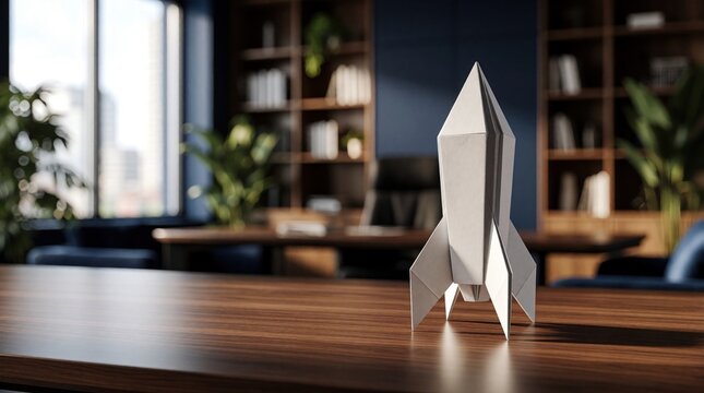 White origami rocket sits on wooden desk in modern office. Paper spaceship represents startup growth, business innovation. Concept of new project launch, entrepreneurship, corporate strategy in