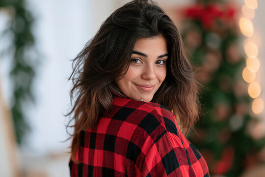 Latin hispanic girl smiling wearing flannel shirt, christmas accessories 90s grunge style