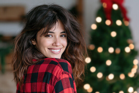 Latin hispanic girl smiling wearing flannel shirt, christmas accessories 90s grunge style
