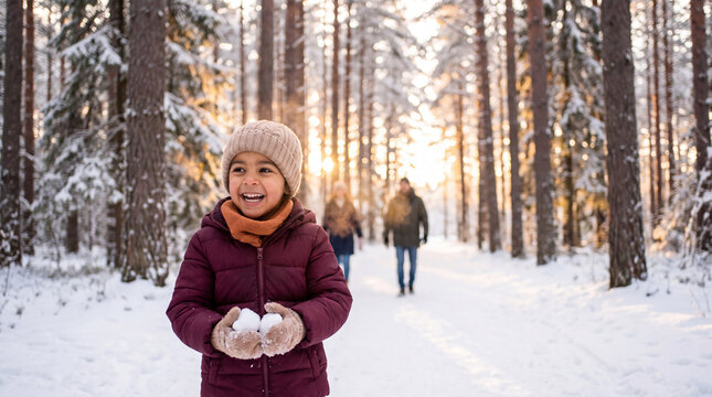 North African child holding two snowballs in burgundy coat and orange scarf, laughing on a snowy forest trail for festive campaign backgrounds.