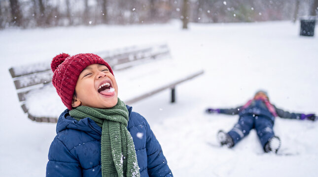 Pacific Islander child catching snow on tongue in blue coat and red hat, laughing in a snowy park for cheerful winter holiday banners.