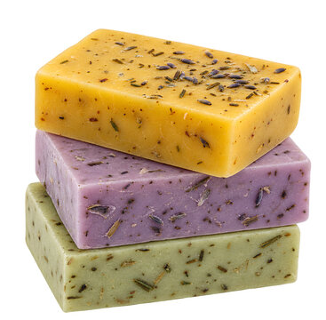 Three Colorful Handmade Herbal Soap Bars with Botanical Ingredients