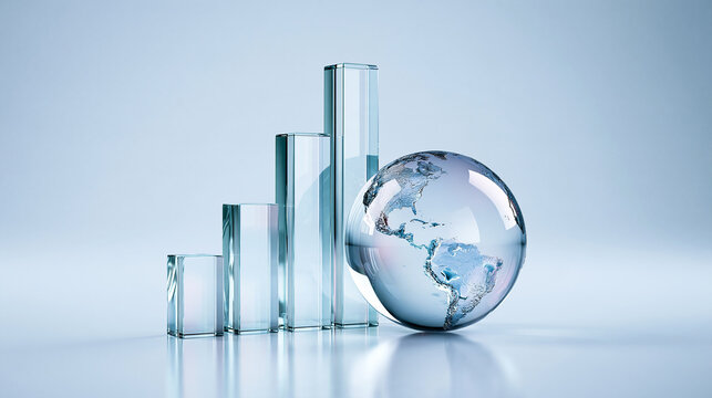 A transparent bar graph with ascending columns next to a glass globe depicting the Americas, symbolizing global growth or environmental data analysis.