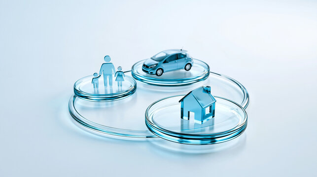 A 3D illustration showing a car, family figures, and a house inside interconnected glass circles, symbolizing protection, insurance, or security.