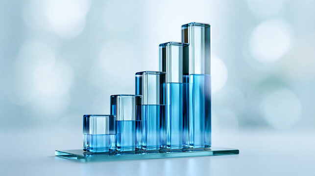 Transparent blue glass cylinders of varying heights are arranged ascendingly on a reflective surface, symbolizing growth or progress with a soft bokeh background.
