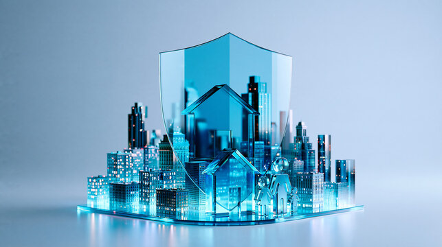 A futuristic cityscape protected by a transparent shield symbolizing security and safety in urban environments.
