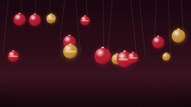 Red and gold Christmas bauble ornaments swaying gently on golden threads over deep burgundy background, elegant holiday decoration motion
