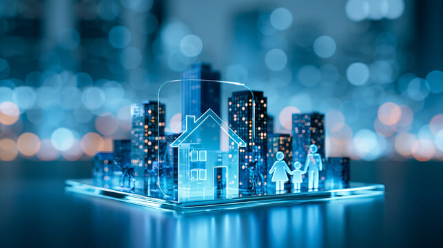 A digital hologram of a cityscape with buildings, a house, and a family figure symbolizing smart homes and urban technology.