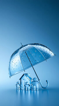 A transparent umbrella shelters a small family and a house model, symbolizing protection and security in a blue-toned setting.