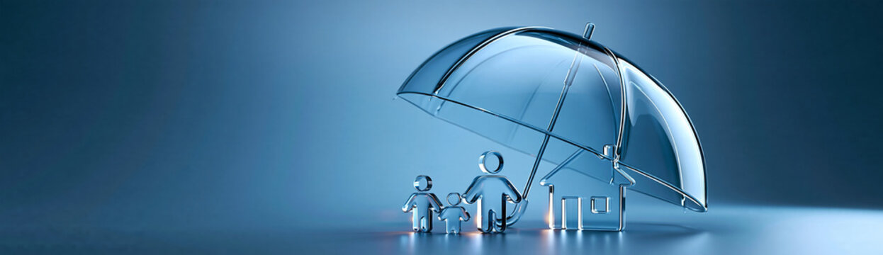 A transparent umbrella shelters a family and a house, symbolizing protection and security.