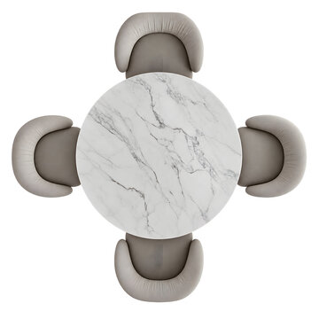 Modern Round White Marble Dining Table with Four Luxury Upholstered Chairs Top View Isolated