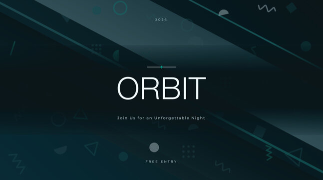 Abstract dark teal futuristic event banner layout. Elegant diagonal glowing stripes with geometric shapes and typography.