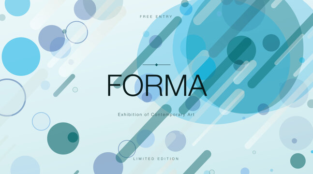 Abstract geometric poster banner template. Overlapping circles and diagonal stripes create modern depth in blue tones. Minimal graphic art backdrop.
