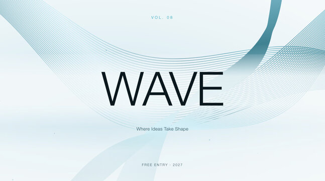 Abstract wave banner graphic template. Elegant flowing turquoise lines curve smoothly across light gradient space. Modern digital poster layout.