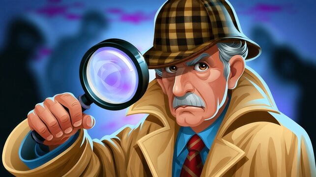 Determined investigator scrutinizes a scene with a magnifying glass.