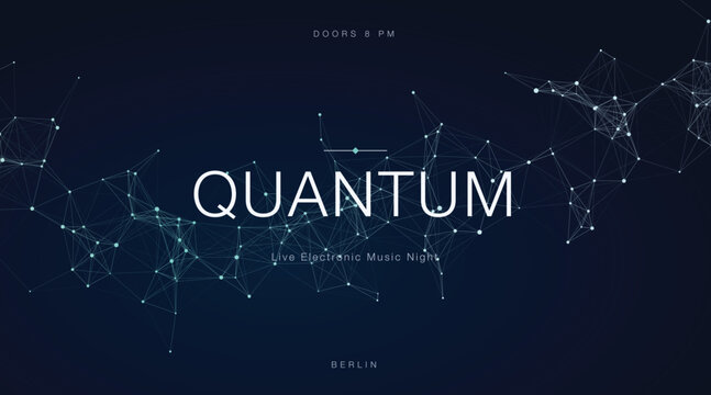 Abstract quantum plexus network banner template. Glowing dots and connecting polygonal mesh lines span across a dark blue backdrop.