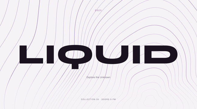 Futuristic liquid typography banner template. Purple contour topographic wave lines form an abstract distorted pattern. Minimalist graphic poster layout.