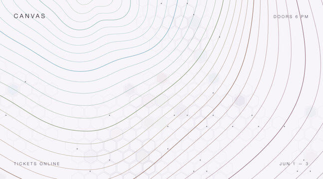 Abstract contour line background with gradient curved waves. Subtle geometric hexagon pattern and minimalist dot accents. Clean modern graphic layout.