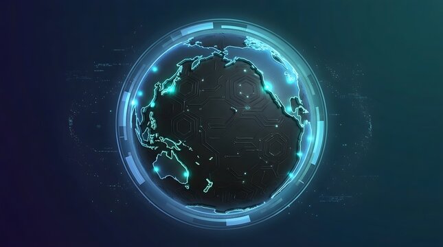 Digital earth globe featuring glowing circuit board patterns and futuristic technology interface elements in dark background