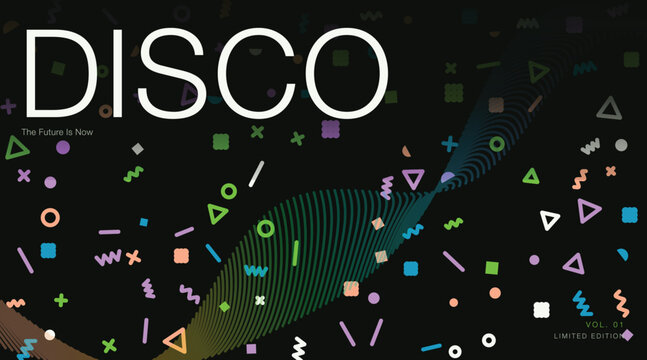 Retro disco party background layout. Abstract geometric shapes and dynamic wave lines float on black canvas. Modern memphis style graphic.