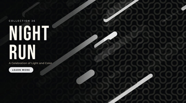 Abstract dark background with diagonal speed lines. Monochrome geometric maze pattern decorates modern digital banner. Sleek futuristic graphics.