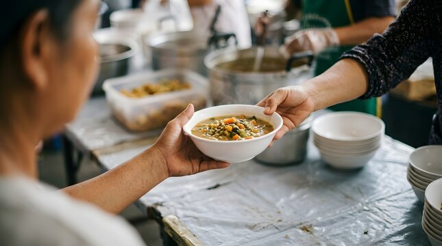 Volunteer Providing Warm Nutritious Soup to People in Need at Community Food Bank Serving Outreach Program