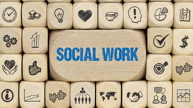 Social work concept written on wooden block surrounded by engraved symbol cubes representing community support and welfare