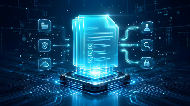 Digital Document Management System Concept with Holographic File Stack Hovering Over Futuristic Circuit Board Base Featuring Cloud Security and Search Icons for Data Organization
