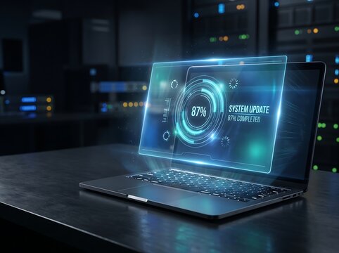 Laptop displaying 87 percent system update 95 completed on server room desk