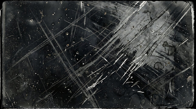 Close-up of dark textured scratched surface with metallic silver streaks on black background