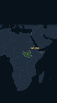 Vertical animated map zooming from the world to South Sudan, a landlocked country in East Central Africa