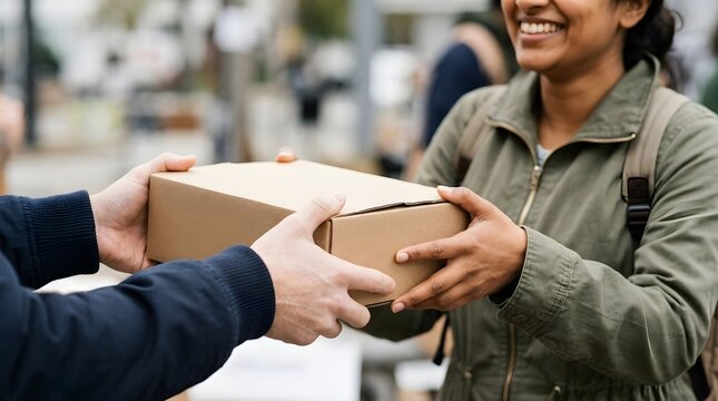 Happy woman receiving a cardboard box parcel from a volunteer outdoors, concept of delivery service and charity