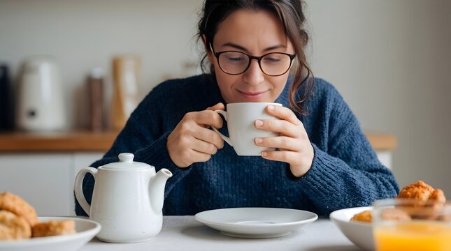 Young brunette woman wearing glasses and a cozy blue sweater enjoying a warm cup of tea or coffee at home during a peaceful morning breakfast