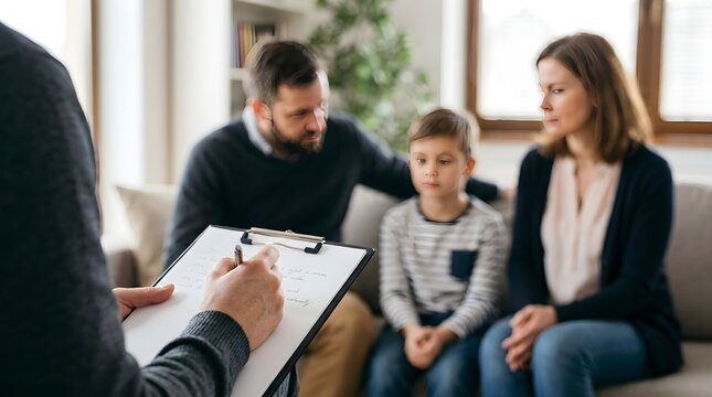 Family receiving therapy session from psychologist writing notes on clipboard during counseling meeting